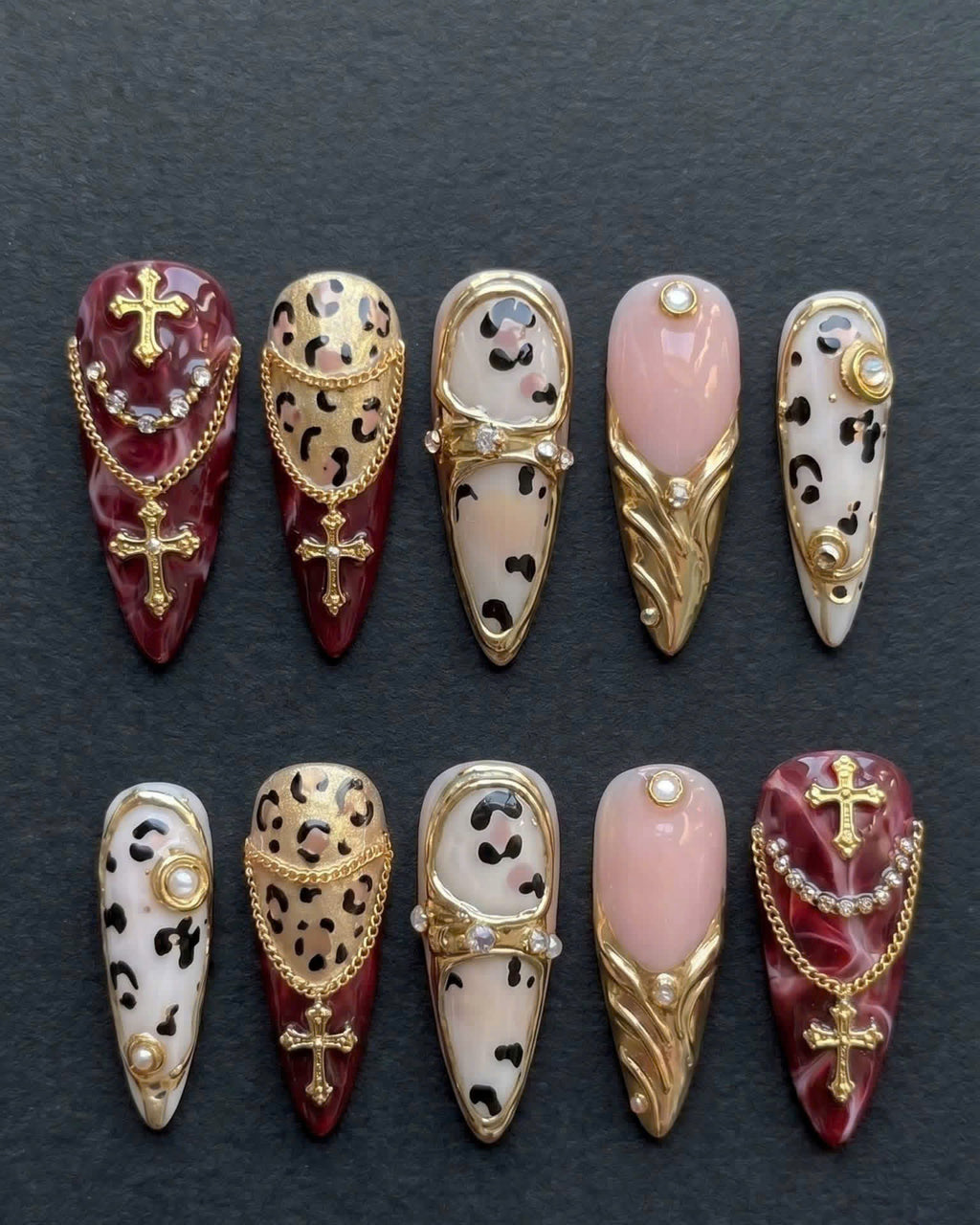Burgundy Leopard Gold Cross Chain Armor Rhinestone Press-On Nails | Custom Press-On Nails | LuxepressCo