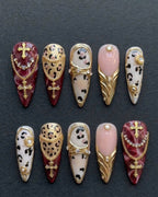 Burgundy Leopard Gold Cross Chain Armor Rhinestone Press-On Nails | Custom Press-On Nails | LuxepressCo