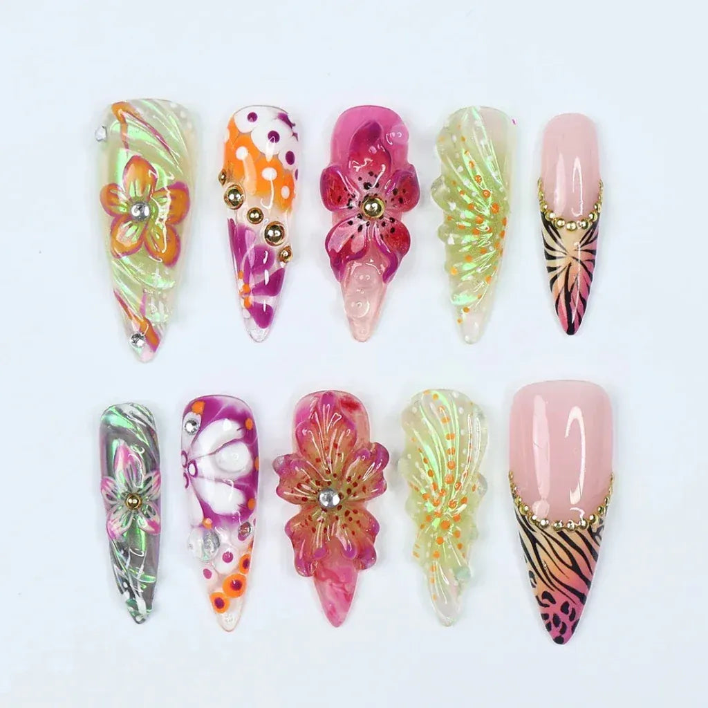 Tropical Aurora Flower Butterfly Animal Print Press-On Nails | Long Almond 3D Hibiscus Zebra Leopard Nail Art | Custom Press-On Nails