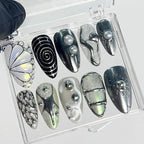 Gothic Silver Black Butterfly Pearl Spider Press-On Nails | Almond Chrome Holographic Dark Nail Art | Custom Press-On Nails