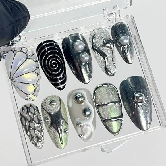 Gothic Silver Black Butterfly Pearl Spider Press-On Nails | Almond Chrome Holographic Dark Nail Art | Custom Press-On Nails