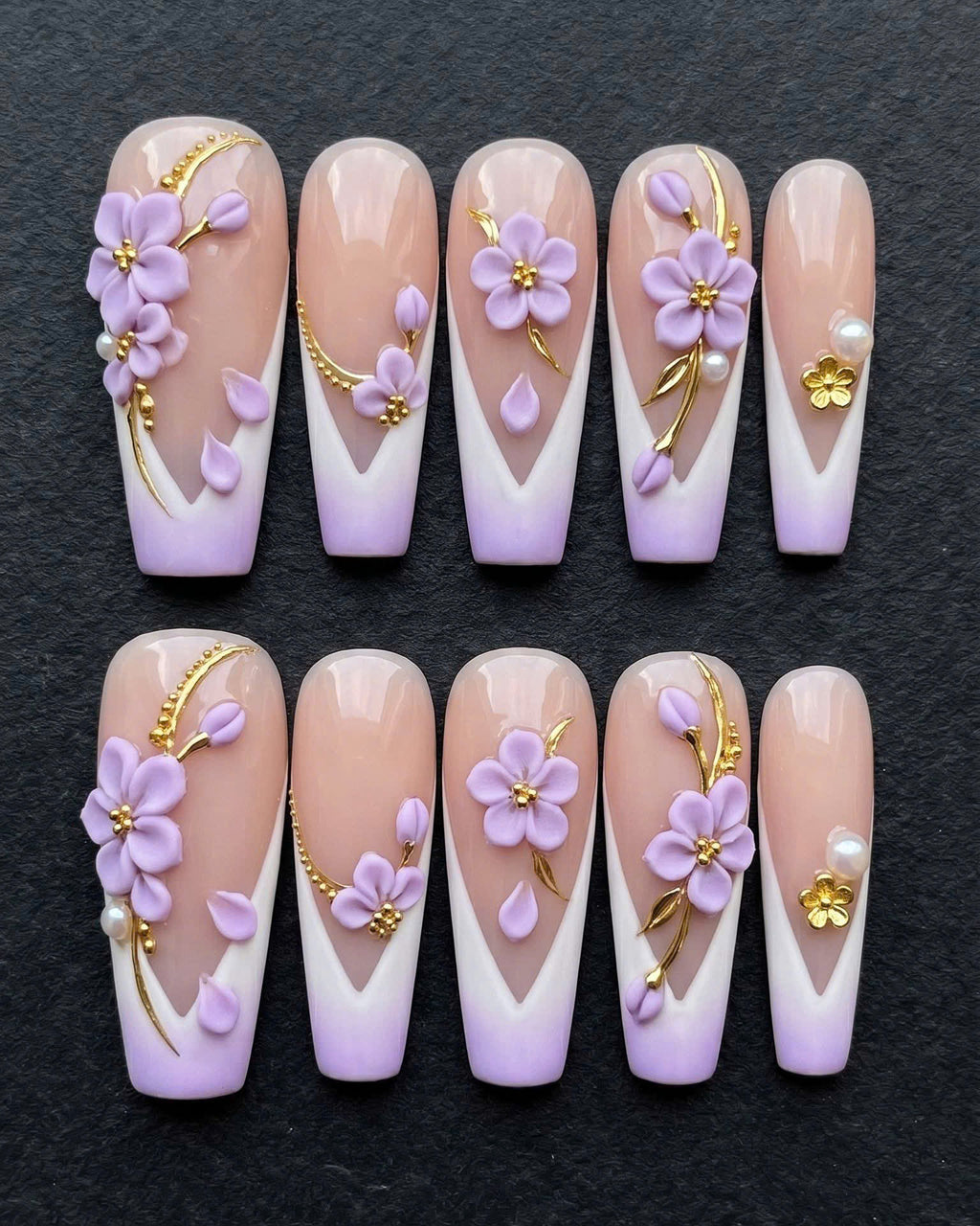 Lavender 3D Flower Gold Vine French Tip Pearl Press-On Nails | Custom Press-On Nails | LuxepressCo