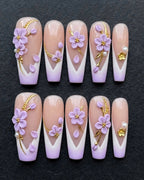 Lavender 3D Flower Gold Vine French Tip Pearl Press-On Nails | Custom Press-On Nails | LuxepressCo