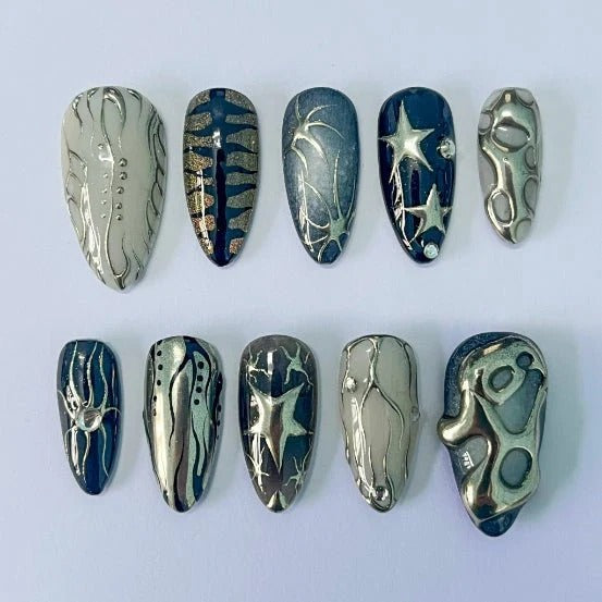 Dark Teal Silver Chrome Star Wire Art Press-On Nails | Almond 3D Sculpted Organic Texture Rhinestone Nail Art | Custom Press-On Nails