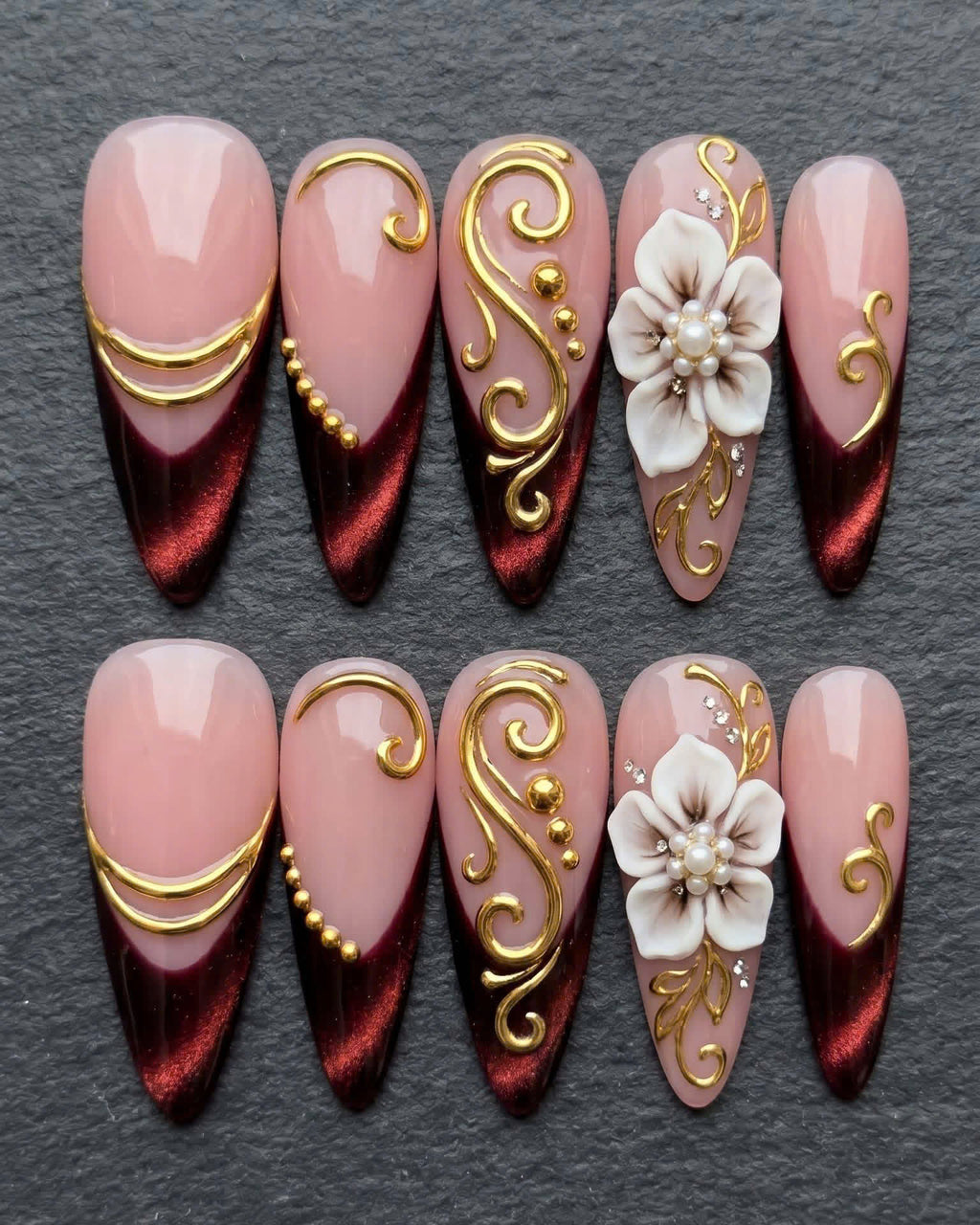 Burgundy Gold 3D Floral Press-On Nails | Custom Press-On Nails | LuxepressCo