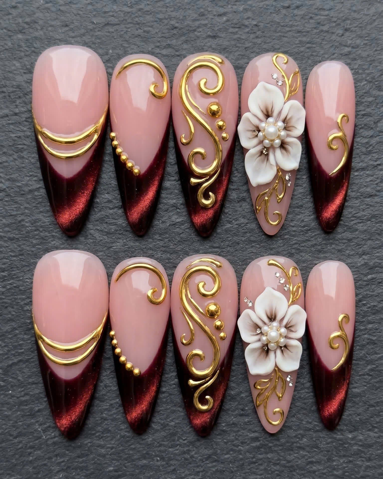 Burgundy Gold 3D Floral Press-On Nails | Custom Press-On Nails | LuxepressCo