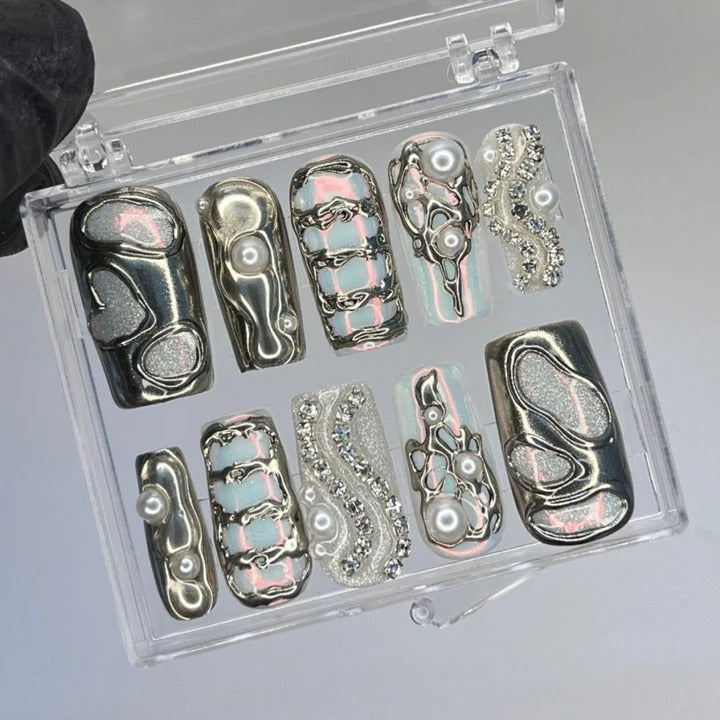 Silver Chrome Aurora Pearl Rhinestone Press-On Nails | Square Coffin Liquid Metal Organic Sculpted Nail Art | Custom Press-On Nails