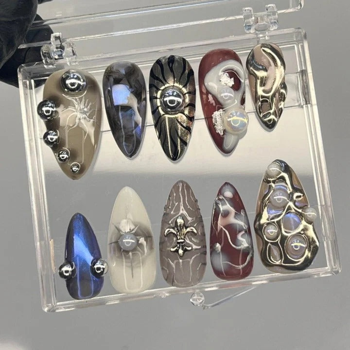 Gothic Dark Marble Cat Eye Sun Eye Spider Fleur-de-Lis Press-On Nails | Almond Burgundy Blue Gold Charm Nail Art | Custom Press-On Nails