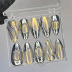 Mirror Silver Gold Chrome 3D Oval Frame Liquid Metal Press-On Nails | Almond Sculpted Wavy Line Minimalist Nail Art | Custom Press-On Nails