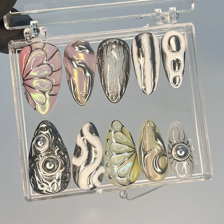 Aurora Iridescent Lotus Butterfly Chrome Flame Press-On Nails | Teardrop Pink Purple Green Silver Oval Frame Nail Art | Custom Press-On Nails