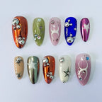 Multicolor Chrome Y2K Star Rhinestone Spider Press-On Nails | Almond Orange Blue Pink Green Swirl Nail Art | Custom Press-On Nails