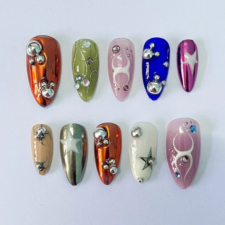 Multicolor Chrome Y2K Star Rhinestone Spider Press-On Nails | Almond Orange Blue Pink Green Swirl Nail Art | Custom Press-On Nails