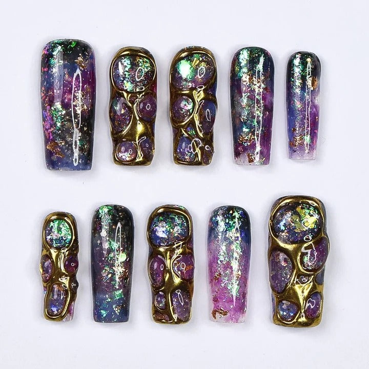 Galaxy Purple Teal Gold Chrome 3D Bubble Foil Press-On Nails | Long Square Iridescent Aurora Sculpted Nail Art | Custom Press-On Nails