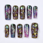 Galaxy Purple Teal Gold Chrome 3D Bubble Foil Press-On Nails | Long Square Iridescent Aurora Sculpted Nail Art | Custom Press-On Nails