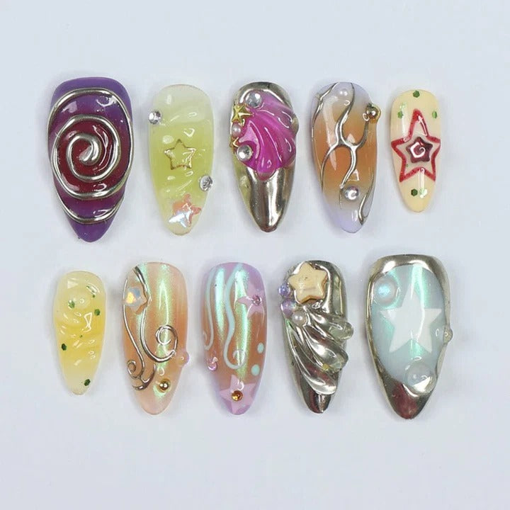 Aurora Fantasy Almond Mermaid Star Gold Spiral Jelly Press-On Nails | Iridescent Chrome Purple Green Bronze Figure Art Nail Art | Custom Press-On Nails
