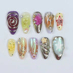 Aurora Fantasy Almond Mermaid Star Gold Spiral Jelly Press-On Nails | Iridescent Chrome Purple Green Bronze Figure Art Nail Art | Custom Press-On Nails