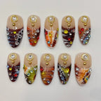 Nude Tortoiseshell Marble Gold Circle Charm Multicolor Rhinestone Press-On Nails | Almond Beige Brown Abstract Art Nail Art | Custom Press-On Nails