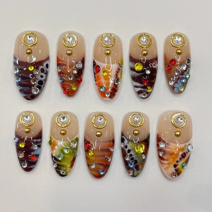 Nude Tortoiseshell Marble Gold Circle Charm Multicolor Rhinestone Press-On Nails | Almond Beige Brown Abstract Art Nail Art | Custom Press-On Nails