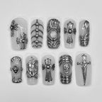 Gothic Silver Chrome 3D Cross Skull Dagger Ribcage Hardware Press-On Nails | Square White Grey Frosted Jelly Nail Art | Custom Press-On Nails