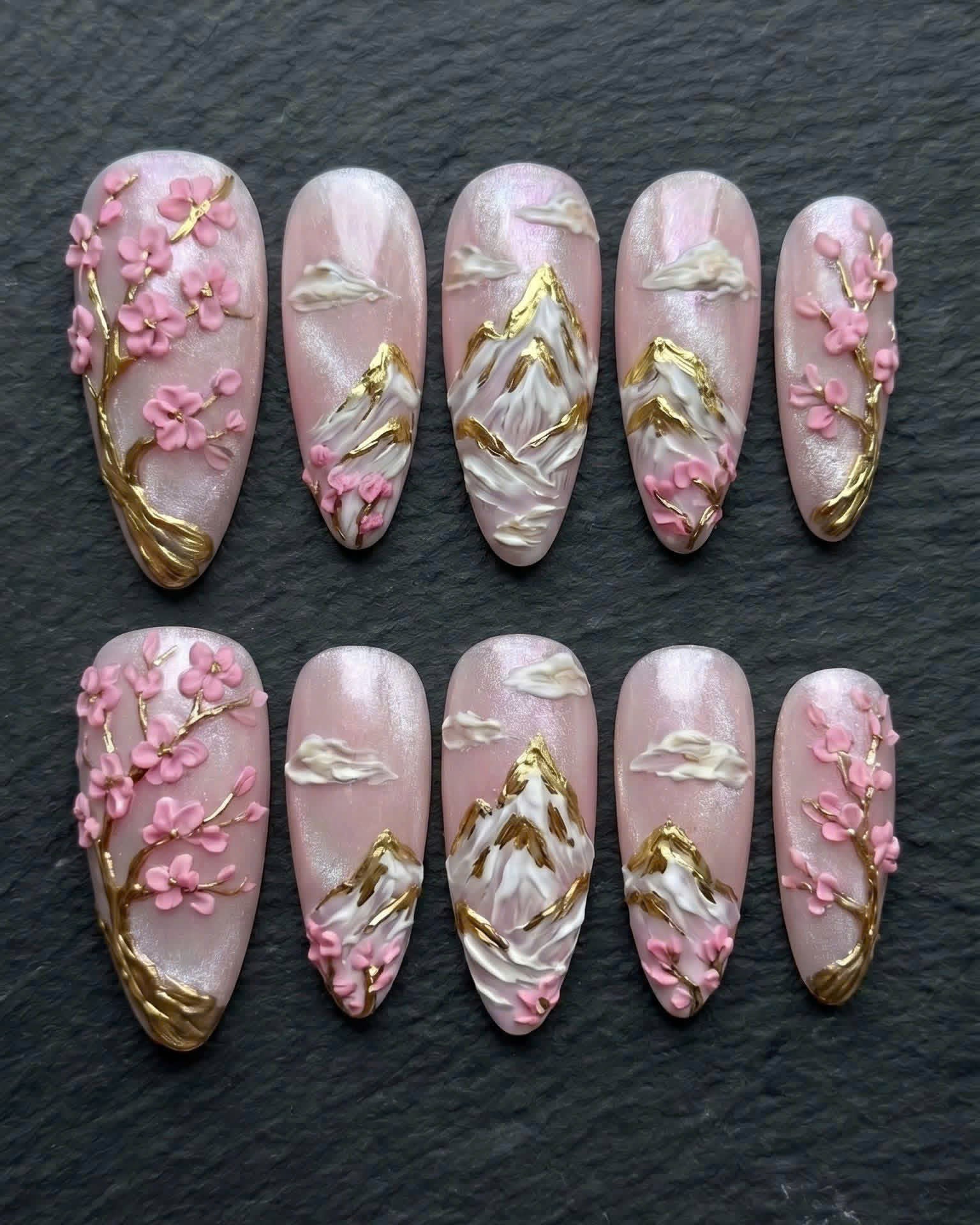 Cherry Blossom Mountain 3D Press-On Nails | Custom Press-On Nails | LuxepressCo
