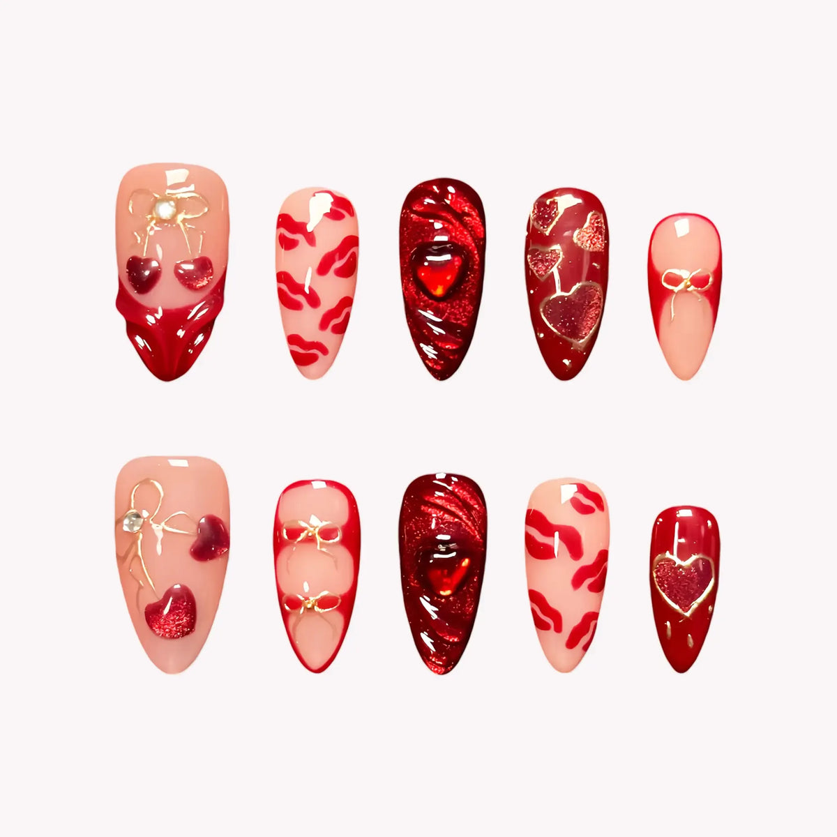 Red Heart & Lips 3D Press-On Nails | Stiletto Almond | Dark Romance Burgundy | LuxepressCo