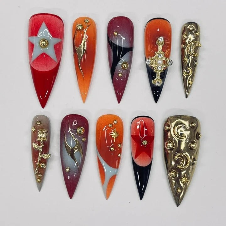 Fiery Red Orange Gothic Dragon Cross Moon Star Stiletto Press-On Nails | Extra Long Black Gold Bronze Chrome Swirl Nail Art | Custom Press-On Nails