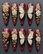 3D Gold Rose & Butterfly Press-On Nails | Burgundy Stiletto | Custom Press-On Nails | LuxepressCo