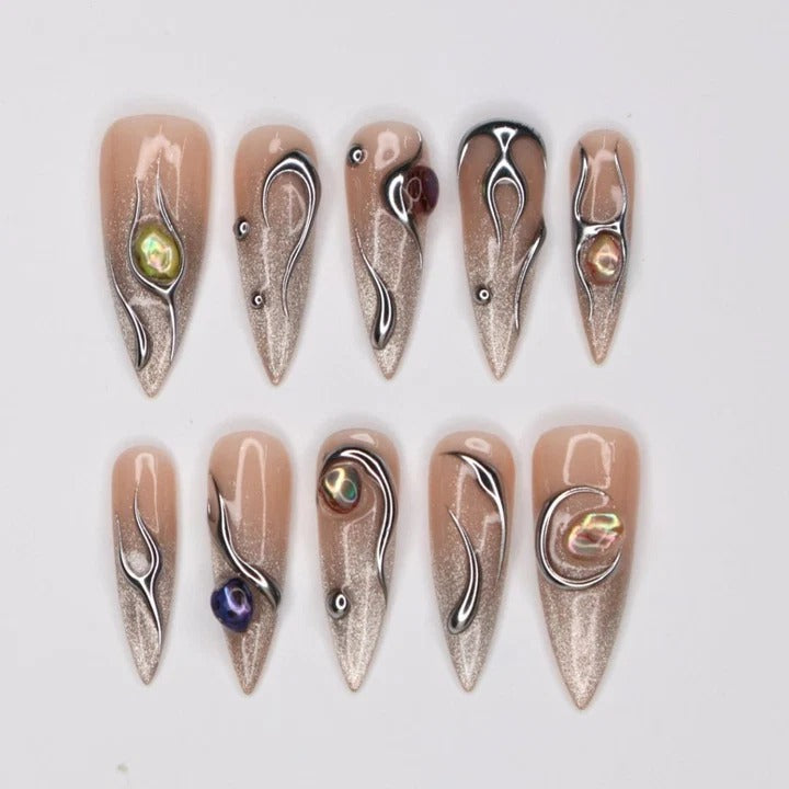 Nude Silver Chrome Liquid Metal Wire Abalone Gem Stiletto Press-On Nails | Extra Long Beige Glitter Iridescent Opal Nail Art | Custom Press-On Nails