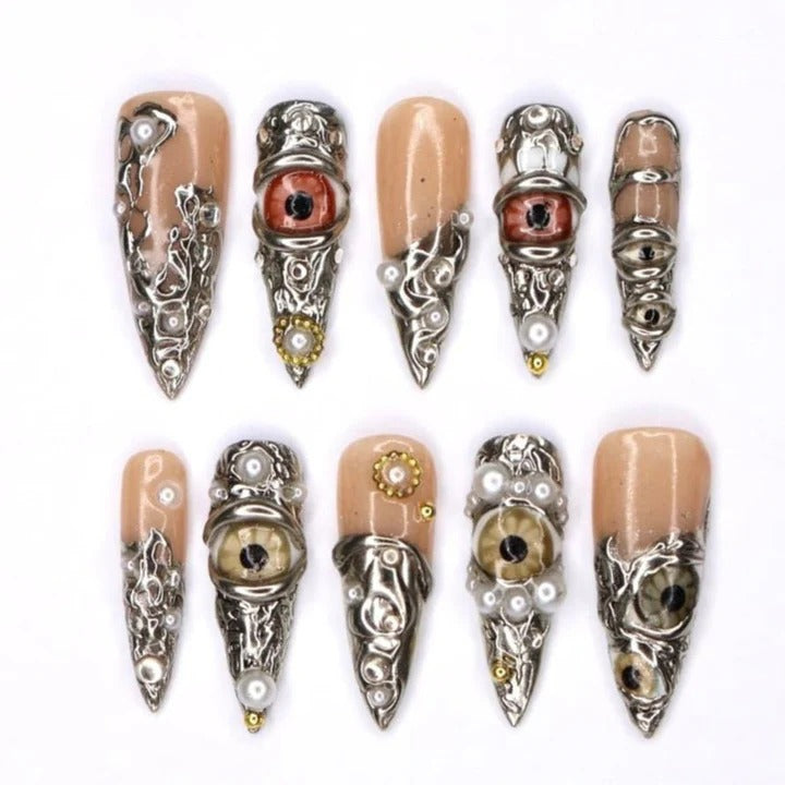 Steampunk Biomechanical 3D Eyeball Antique Silver Bronze Stiletto Press-On Nails | Extra Long Nude Beige Pearl Gear Gothic Nail Art | Custom Press-On Nails