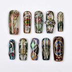 Art Nouveau Stained Glass Teal Chrome Gold Wire Lotus Butterfly Press-On Nails | Square Coffin Dark Green Iridescent Foil Dragonfly Nail Art | Custom Press-On Nails