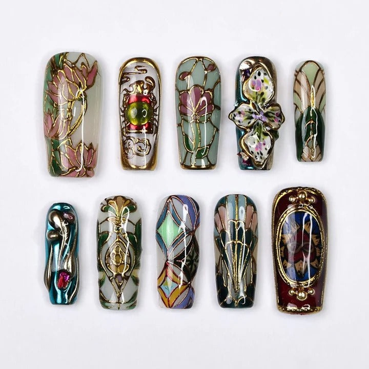 Art Nouveau Stained Glass Teal Chrome Gold Wire Lotus Butterfly Press-On Nails | Square Coffin Dark Green Iridescent Foil Dragonfly Nail Art | Custom Press-On Nails