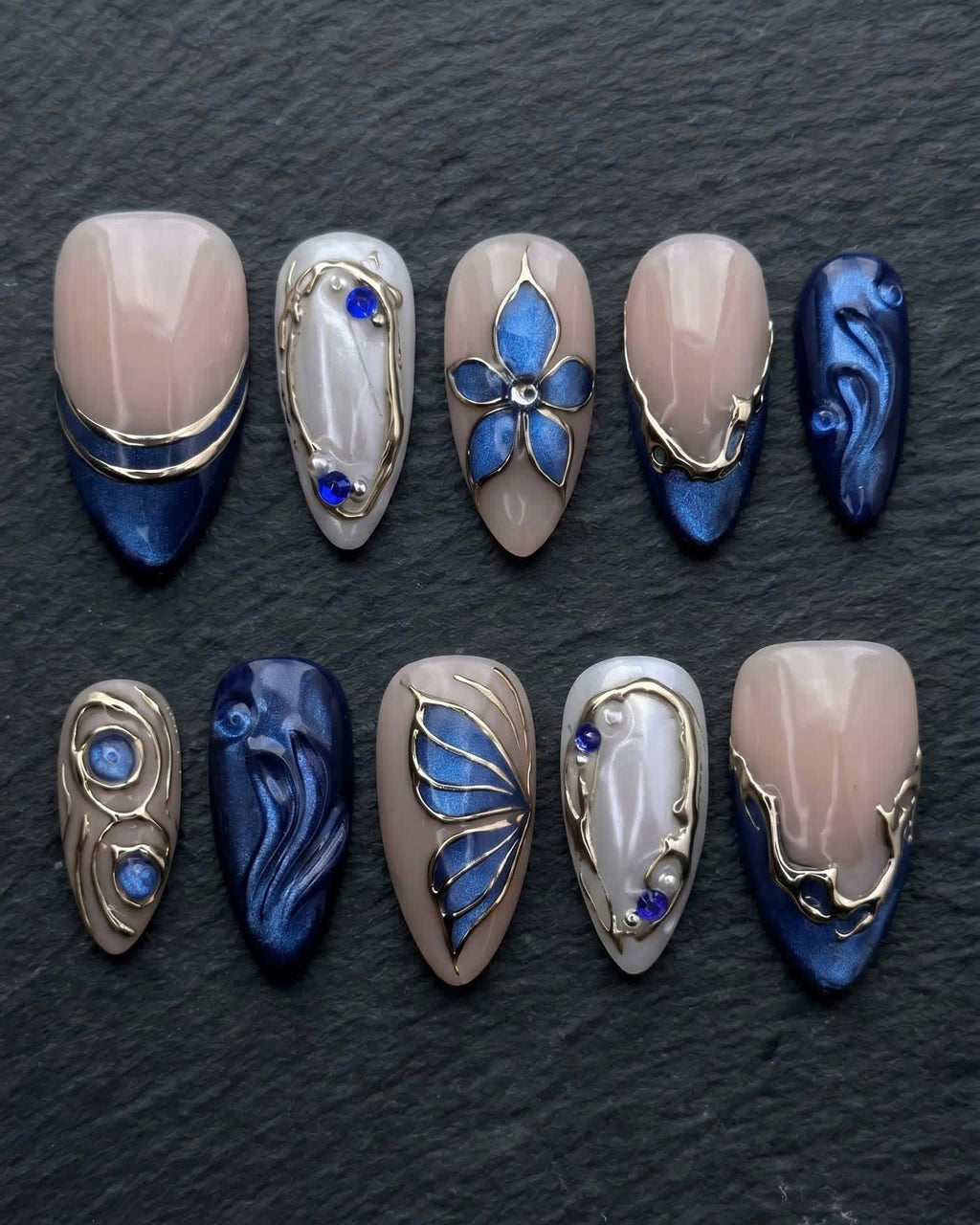 Navy Blue Butterfly 3D Gold Frame Press-On Nails | Custom Press-On Nails | LuxepressCo
