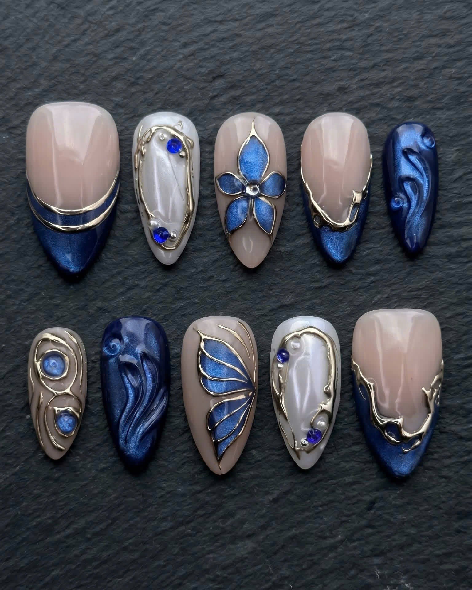 Navy Blue Butterfly 3D Gold Frame Press-On Nails | Custom Press-On Nails | LuxepressCo