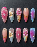 3D Floral Press-On Nails | Pink Blue Gradient Rhinestone Custom Press-On Nails | LuxepressCo