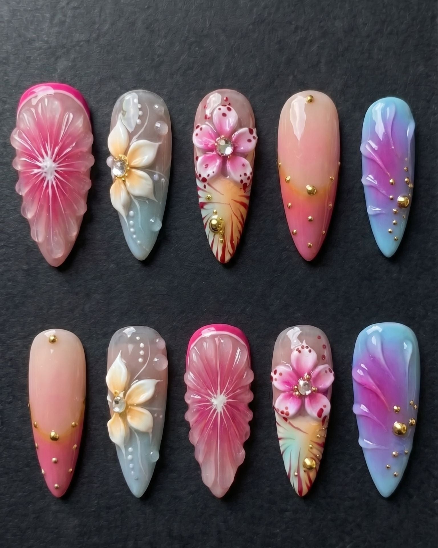 3D Floral Press-On Nails | Pink Blue Gradient Rhinestone Custom Press-On Nails | LuxepressCo