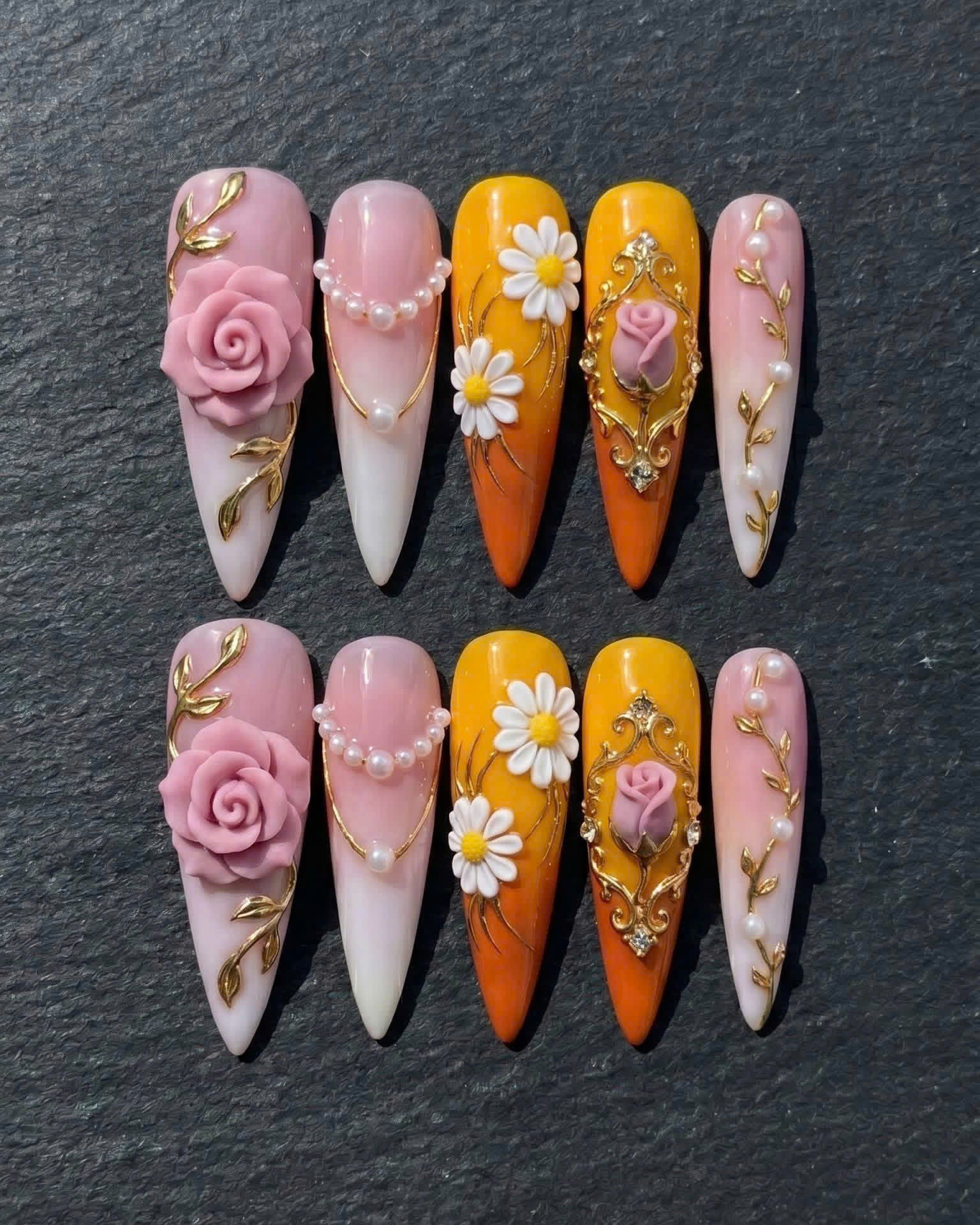 3D Rose Daisy Gold Baroque Frame Press-On Nails | Custom Press-On Nails | LuxepressCo