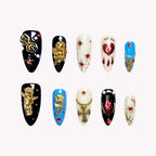 Dark Sacred Angel 3D Press-On Nails | Almond Stiletto | Gothic Gold Cross | LuxepressCo