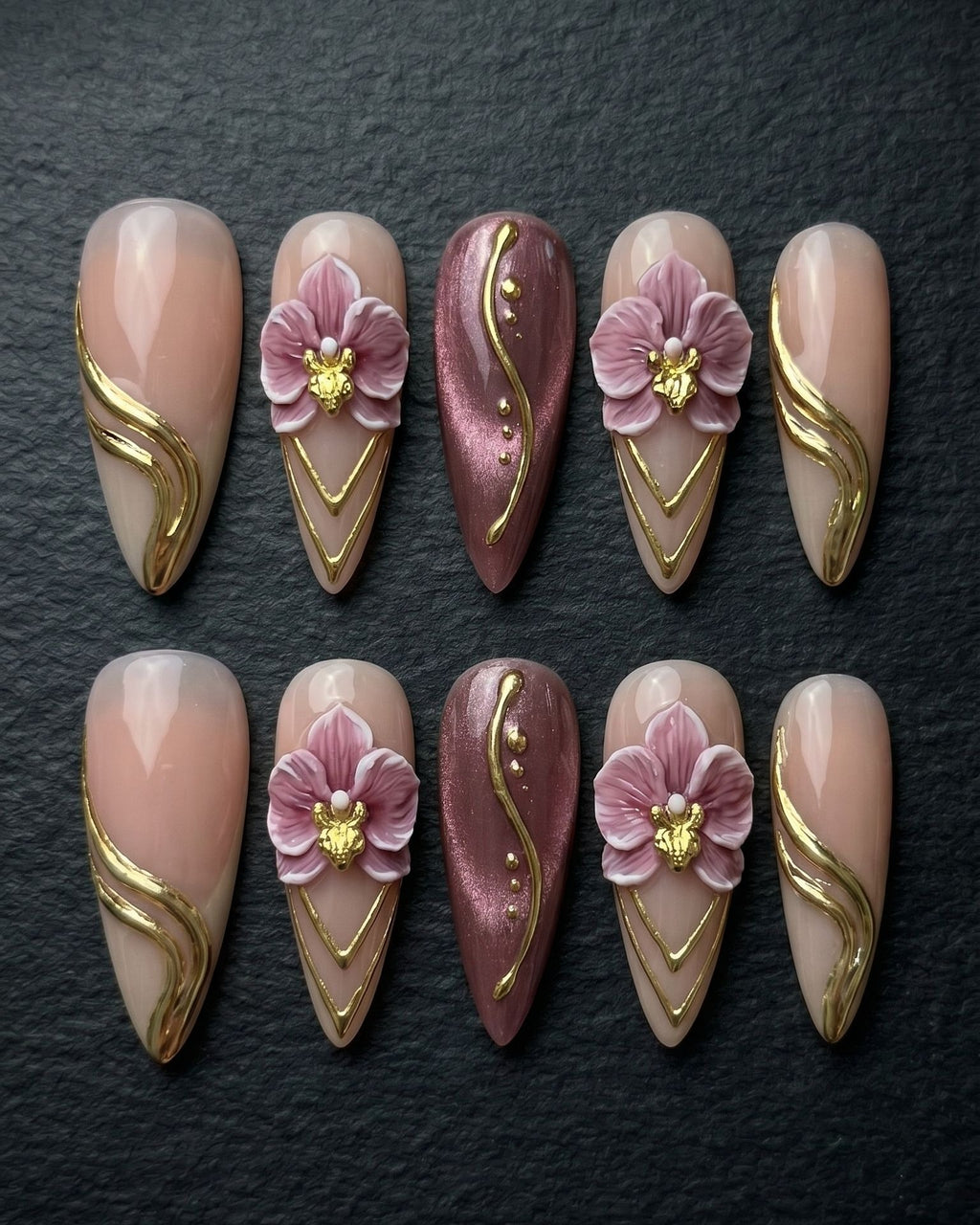 Custom Press-On Nails | 3D Orchid Flower Gold Foil Chrome Stiletto Nails | LuxepressCo
