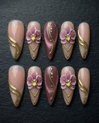 Custom Press-On Nails | 3D Orchid Flower Gold Foil Chrome Stiletto Nails | LuxepressCo
