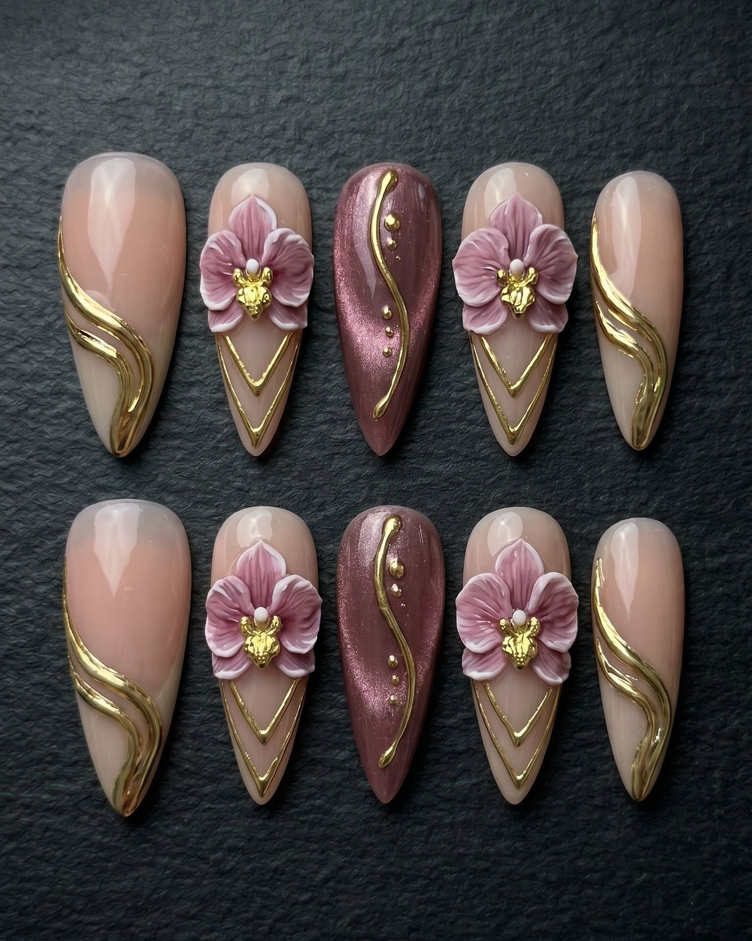 Custom Press-On Nails | 3D Orchid Flower Gold Foil Chrome Stiletto Nails | LuxepressCo