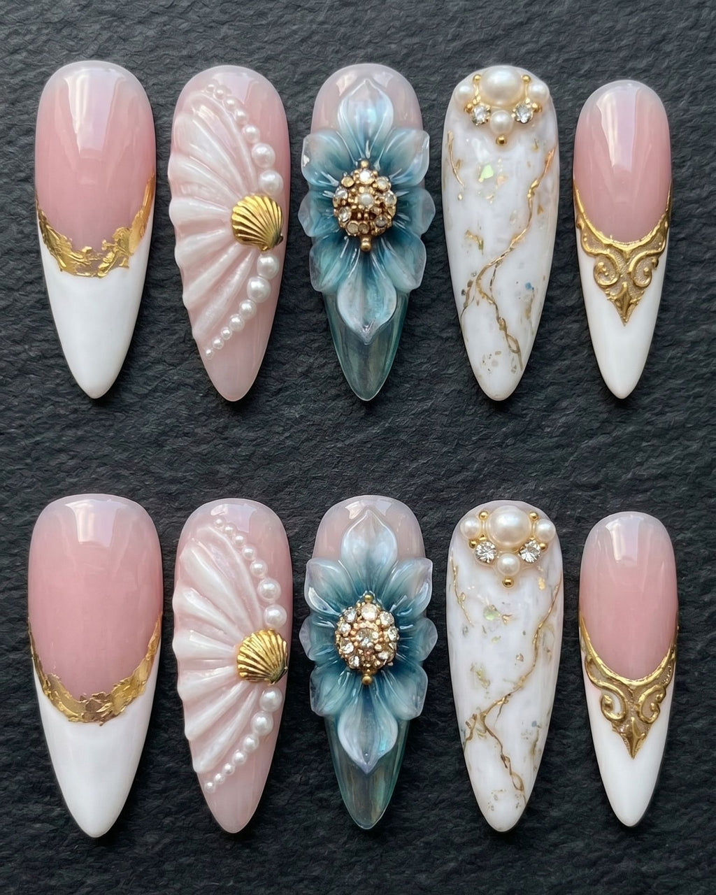 3D Blue Flower Pearl & Marble Baroque Press-On Nails | Custom Press-On Nails