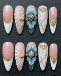 3D Blue Flower Pearl & Marble Baroque Press-On Nails | Custom Press-On Nails