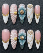 3D Blue Flower Pearl & Marble Baroque Press-On Nails | Custom Press-On Nails