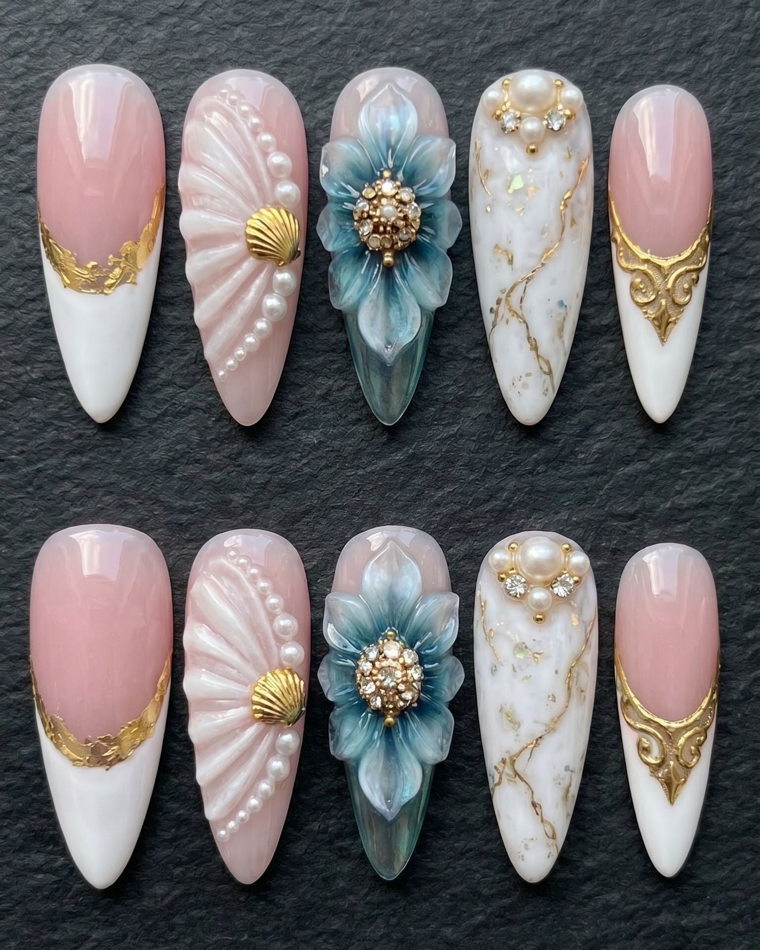 3D Blue Flower Pearl & Marble Baroque Press-On Nails | Custom Press-On Nails