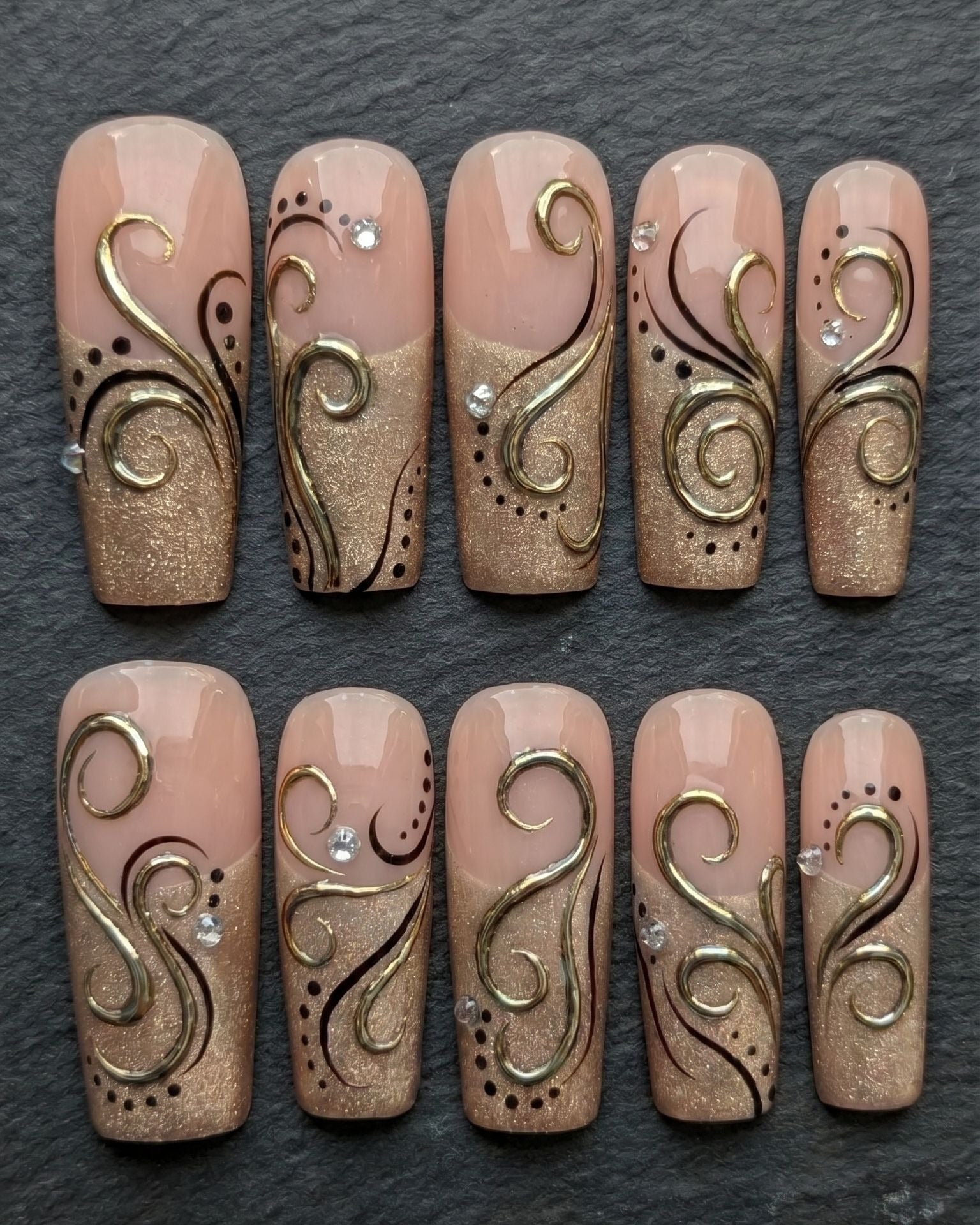 Gold Swirl Rhinestone Press-On Nails | Nude Glam Luxury Set | Custom Press-On Nails