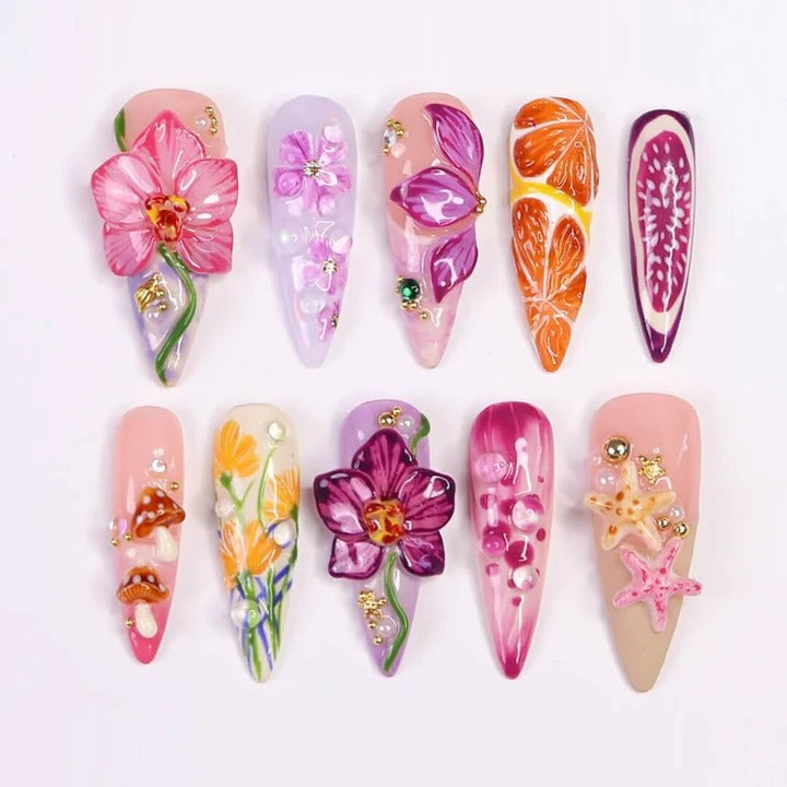 Orchid & Tulip Maximalist Stiletto Press-On Nails | 3D Purple Pink Flower Mushroom Citrus Nail Art | Custom Press-On Nails | LuxepressCo
