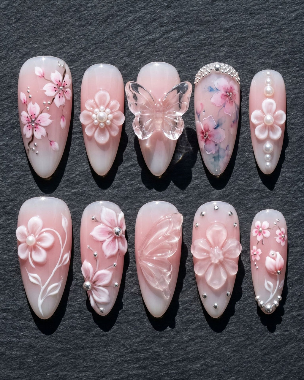 3D Cherry Blossom Pearl Butterfly Press-On Nails | Blush Pink Floral Almond Nails | Custom Press-On Nails | LuxepressCo