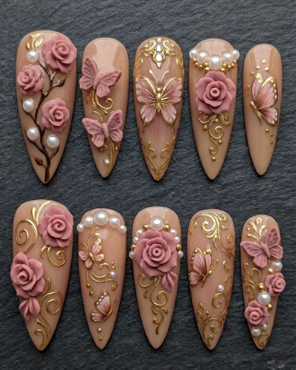 3D Rose & Butterfly Gold Filigree Pearl Stiletto Nails | Custom Press-On Nails