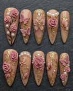 3D Rose & Butterfly Gold Filigree Pearl Stiletto Nails | Custom Press-On Nails