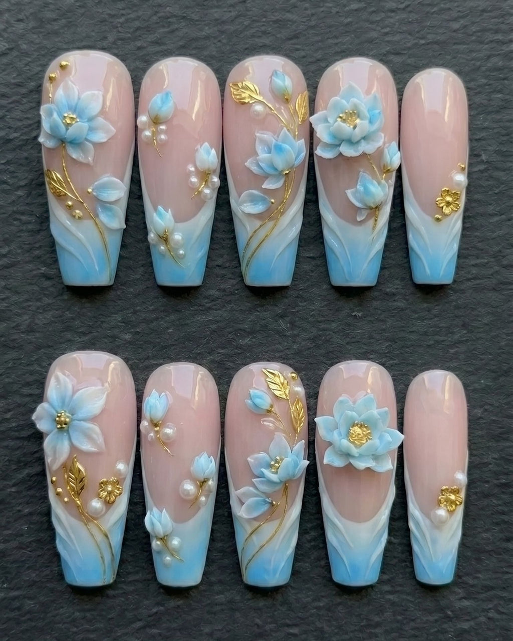 3D Blue Floral Press-On Nails | Pearl & Gold Vine | Coffin Long | Custom Press-On Nails — LuxepressCo
